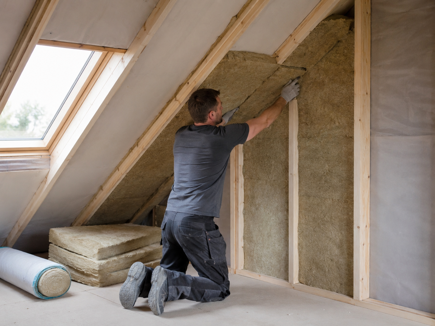 Sublime installer fitting insulation to a sloping room-in-roof section